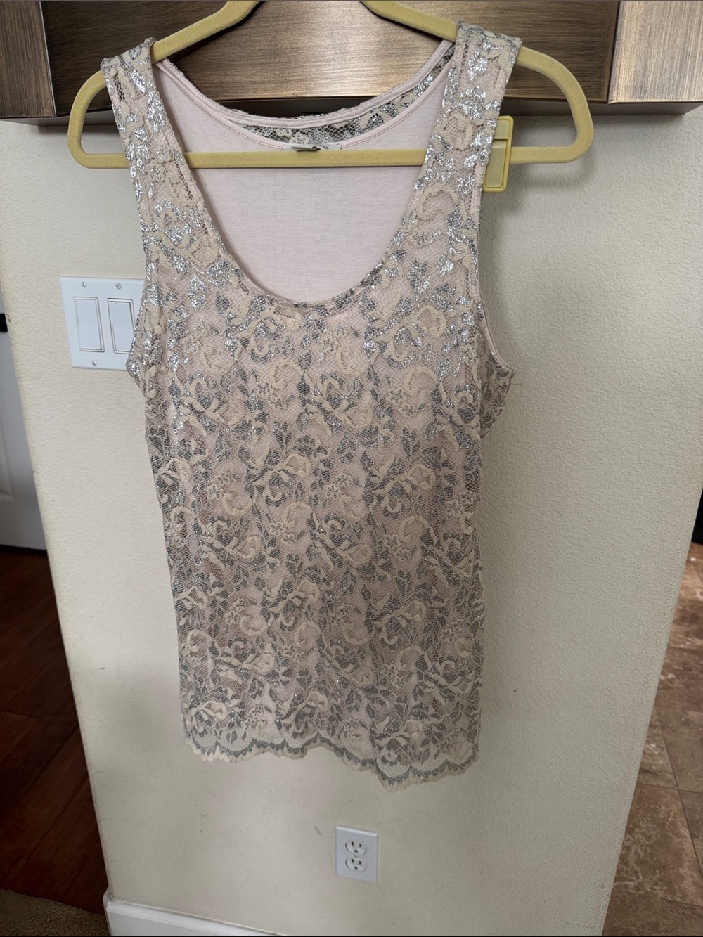 Boston Proper Blush Pink Lace Overlay Tank with Silver Sequin Detail